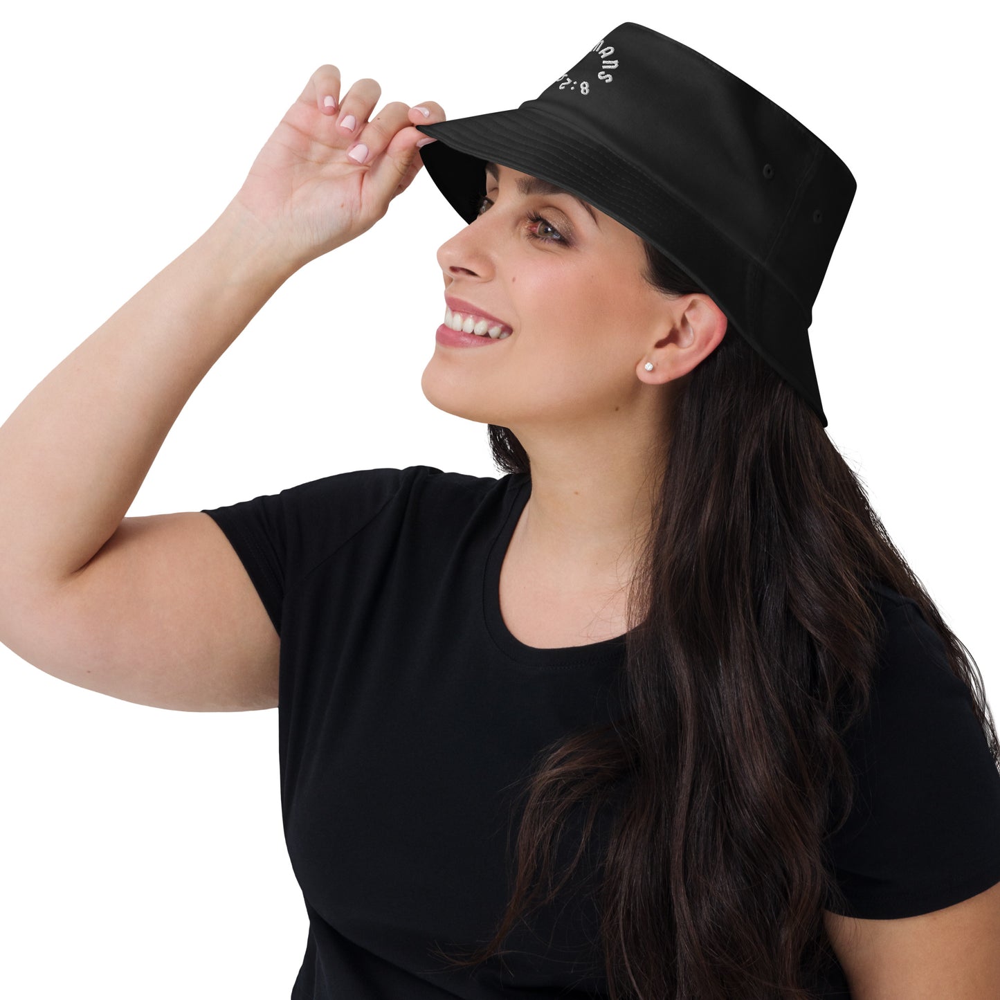 Romans 8:29 White Embroidered Bucket Hat