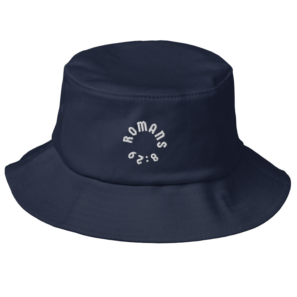 Romans 8:29 White Embroidered Bucket Hat