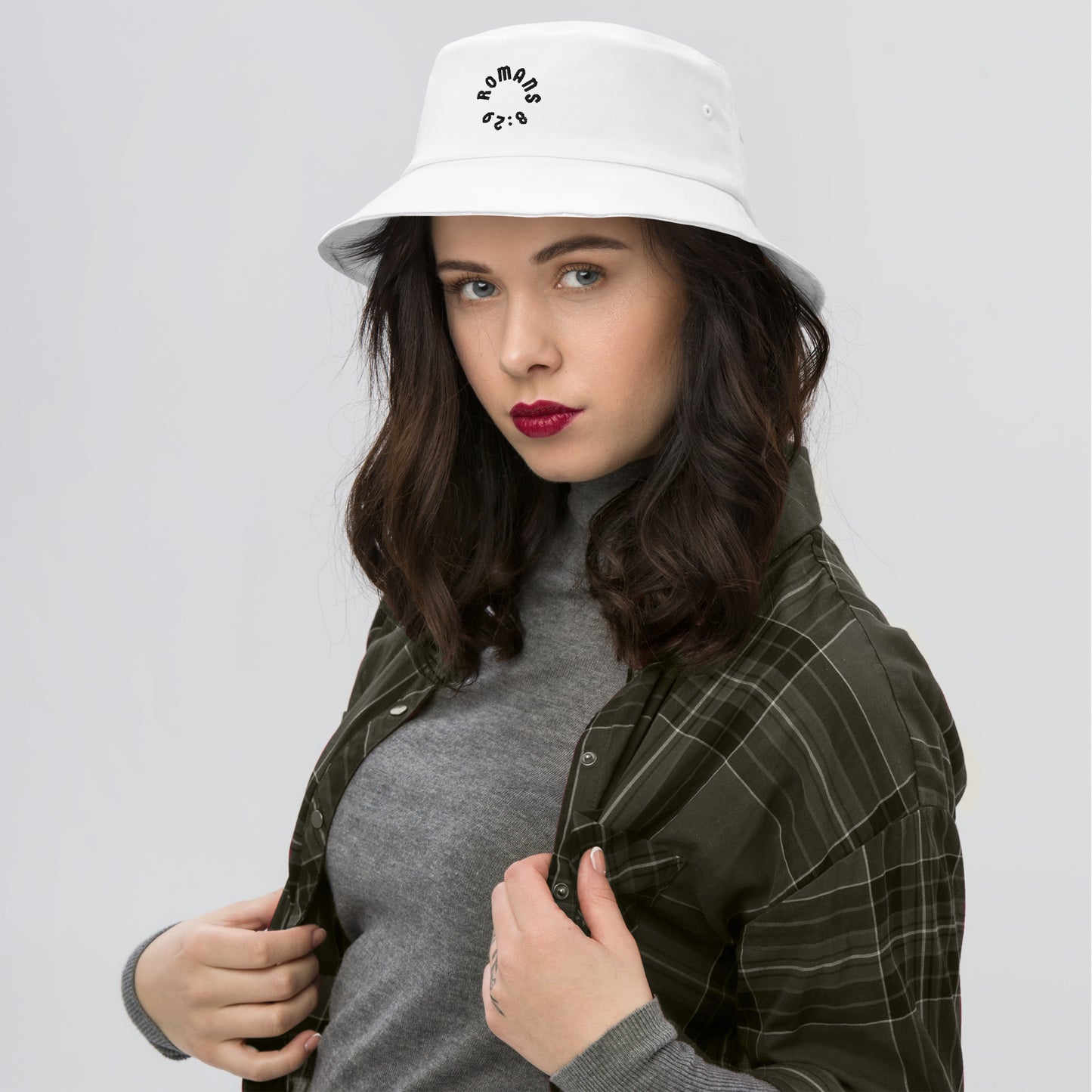 Romans 8:29 Black Embroidered Bucket Hat