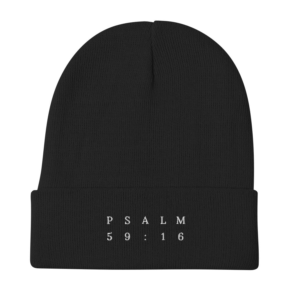 Psalm 59:16 Original White Embroidered Beanie