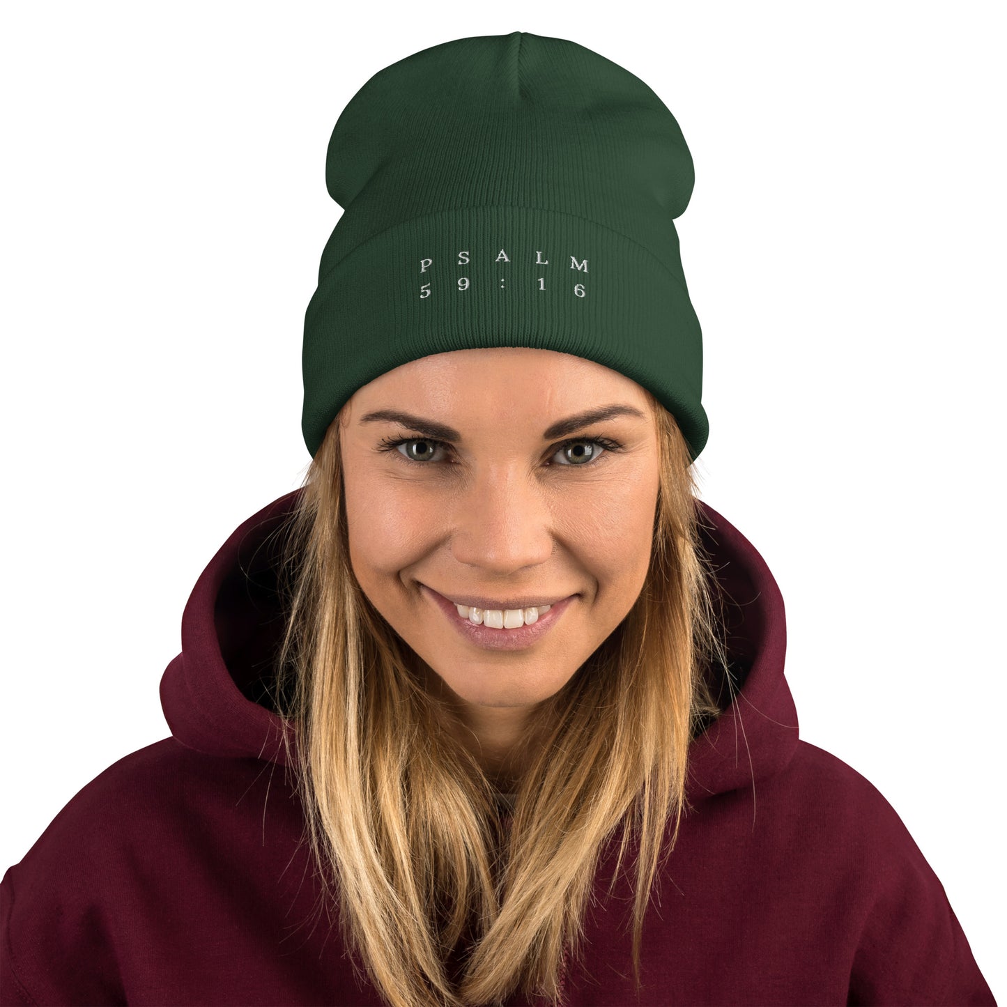 Psalm 59:16 Original White Embroidered Beanie