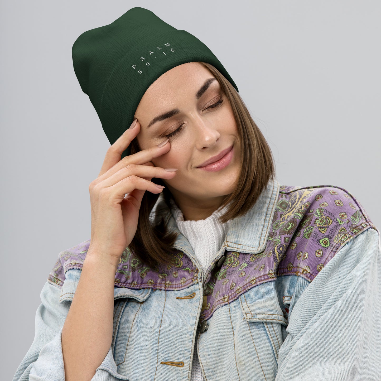 Psalm 59:16 Original White Embroidered Beanie