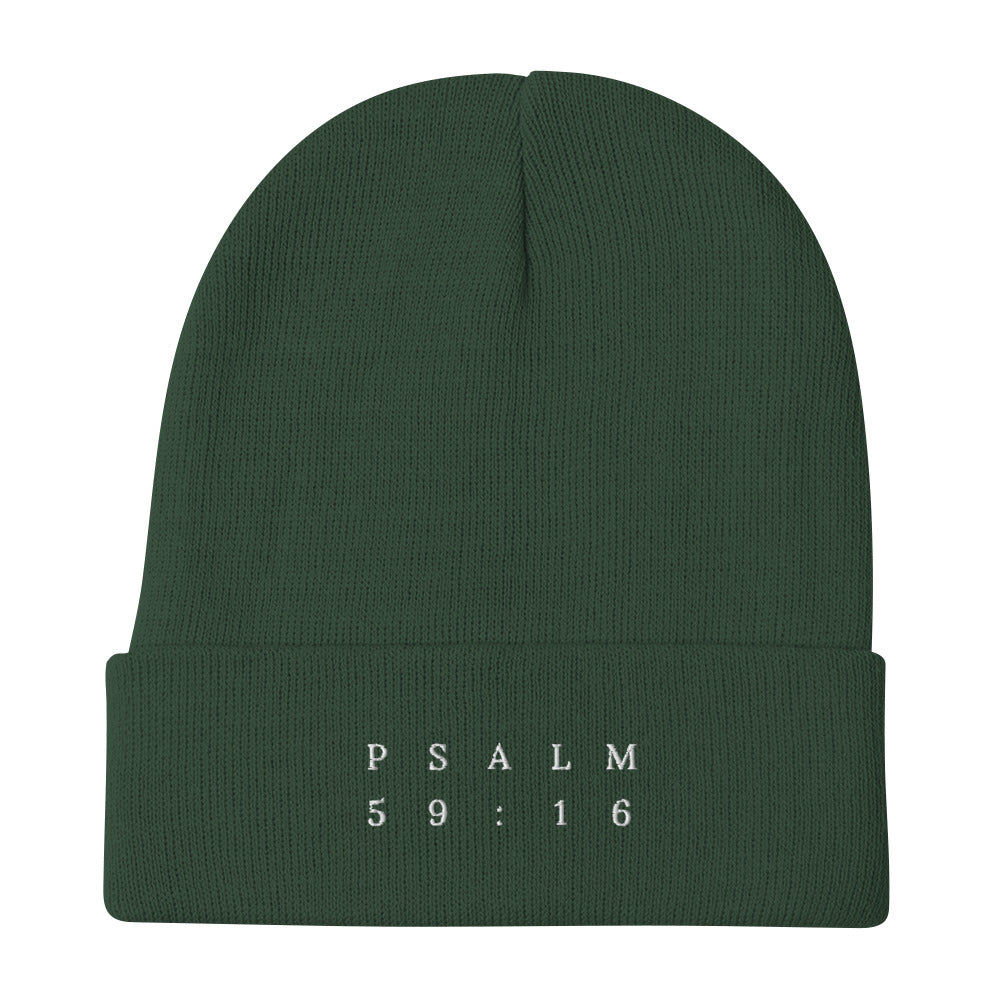Psalm 59:16 Original White Embroidered Beanie