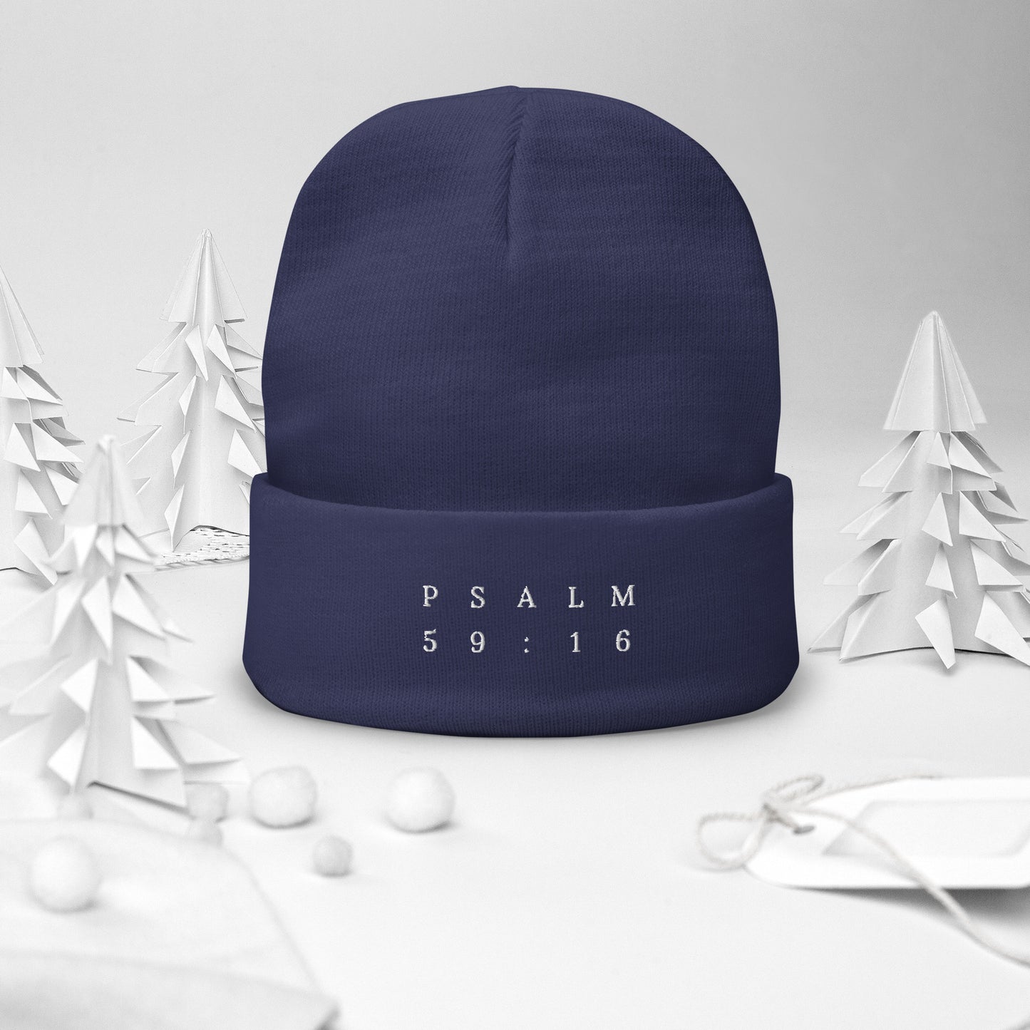 Psalm 59:16 Original White Embroidered Beanie