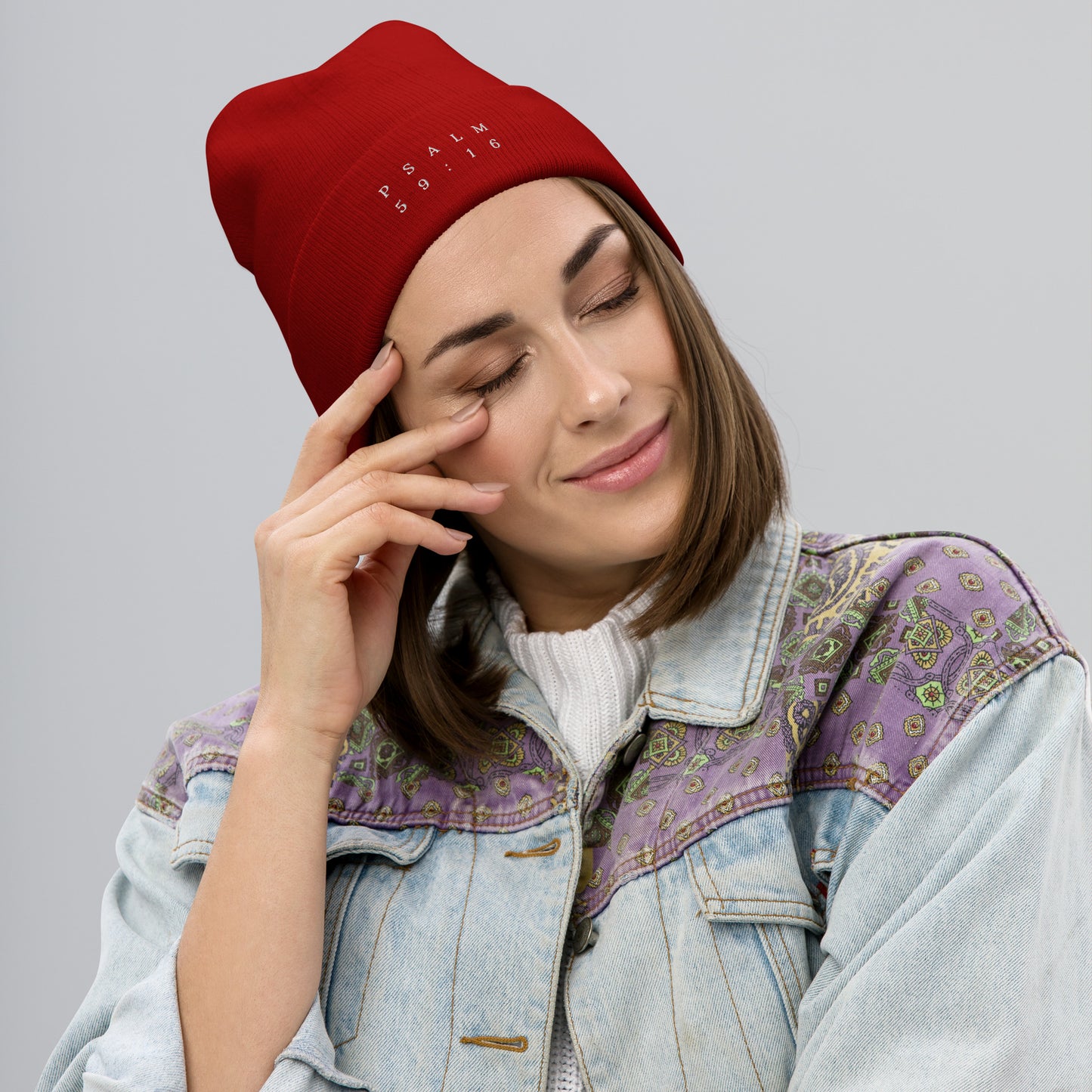 Psalm 59:16 Original White Embroidered Beanie