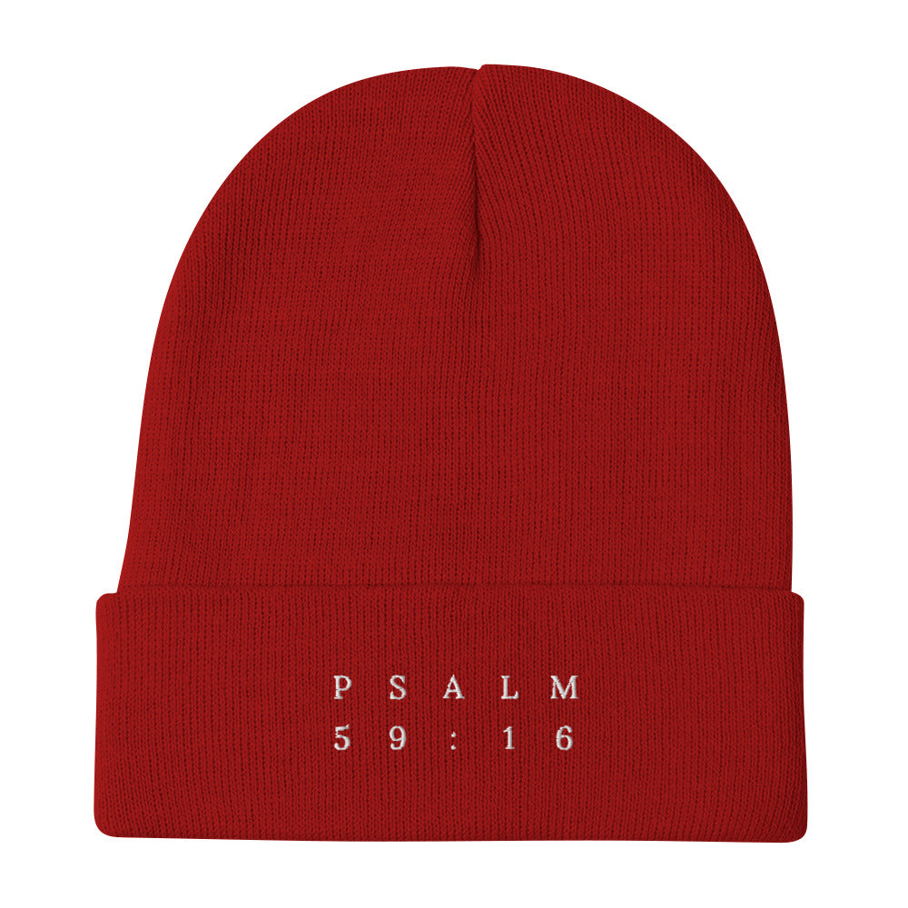 Psalm 59:16 Original White Embroidered Beanie