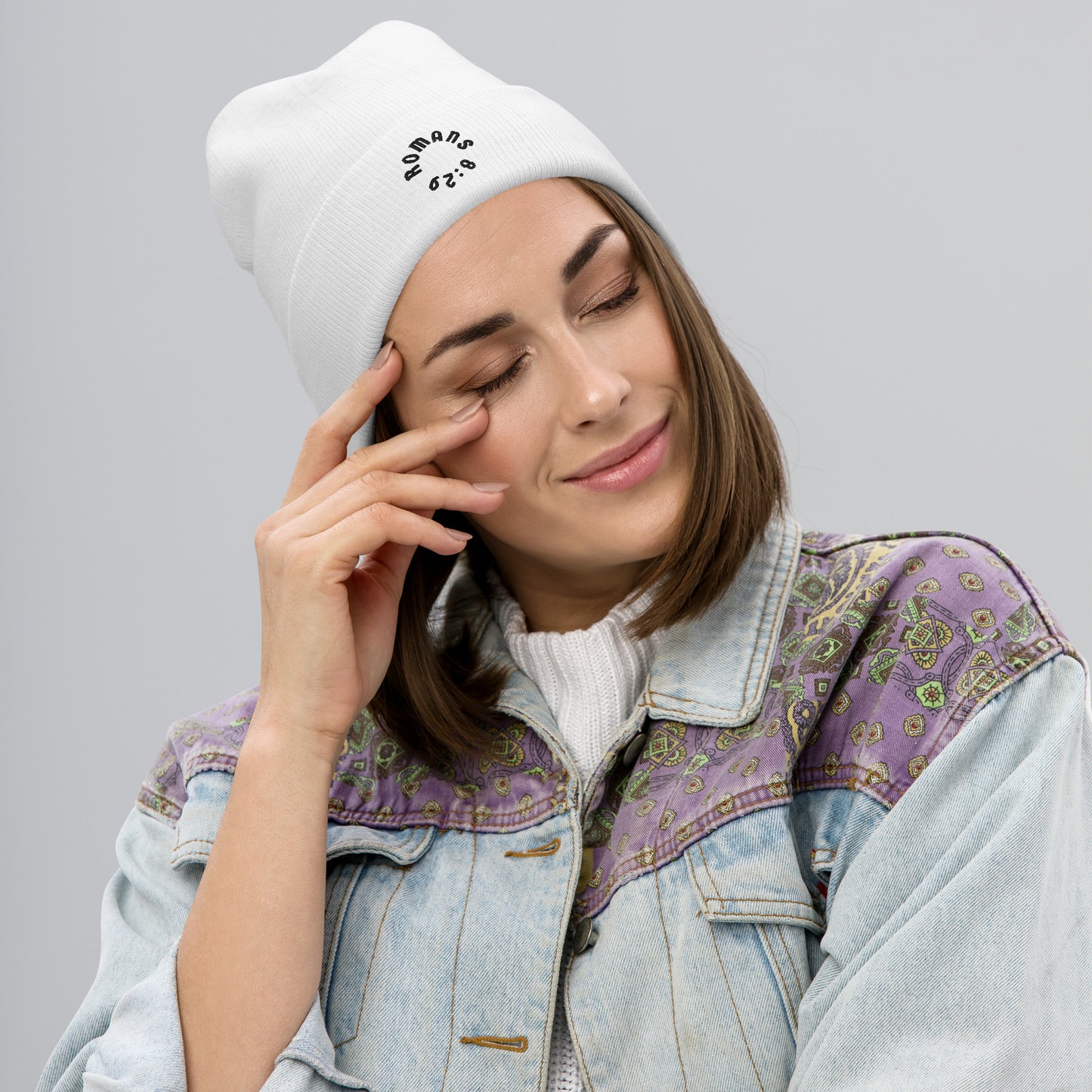 Romans 8:29 Black Embroidered Beanie Hat