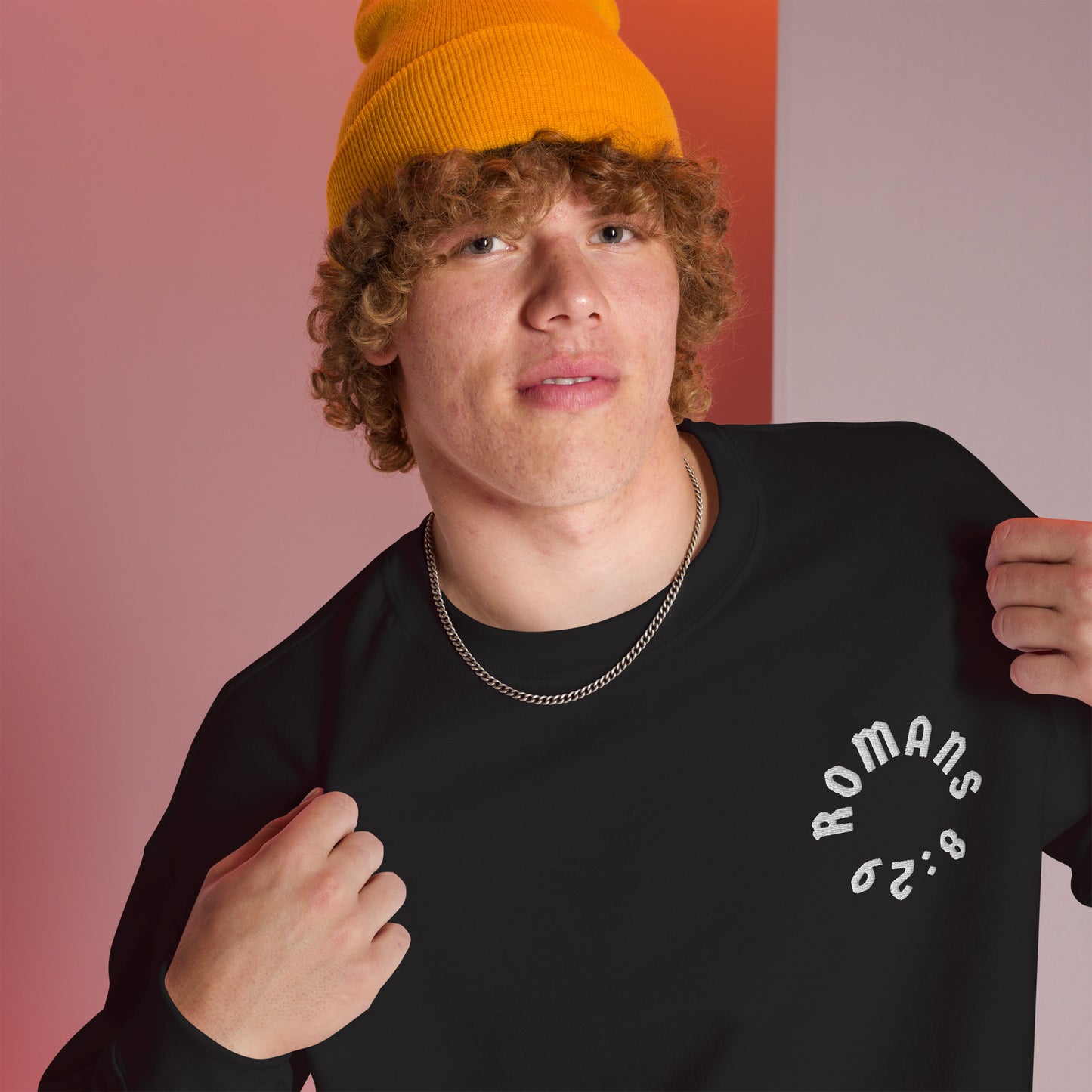 Romans 8:29 White Embroidered Unisex Sweatshirt