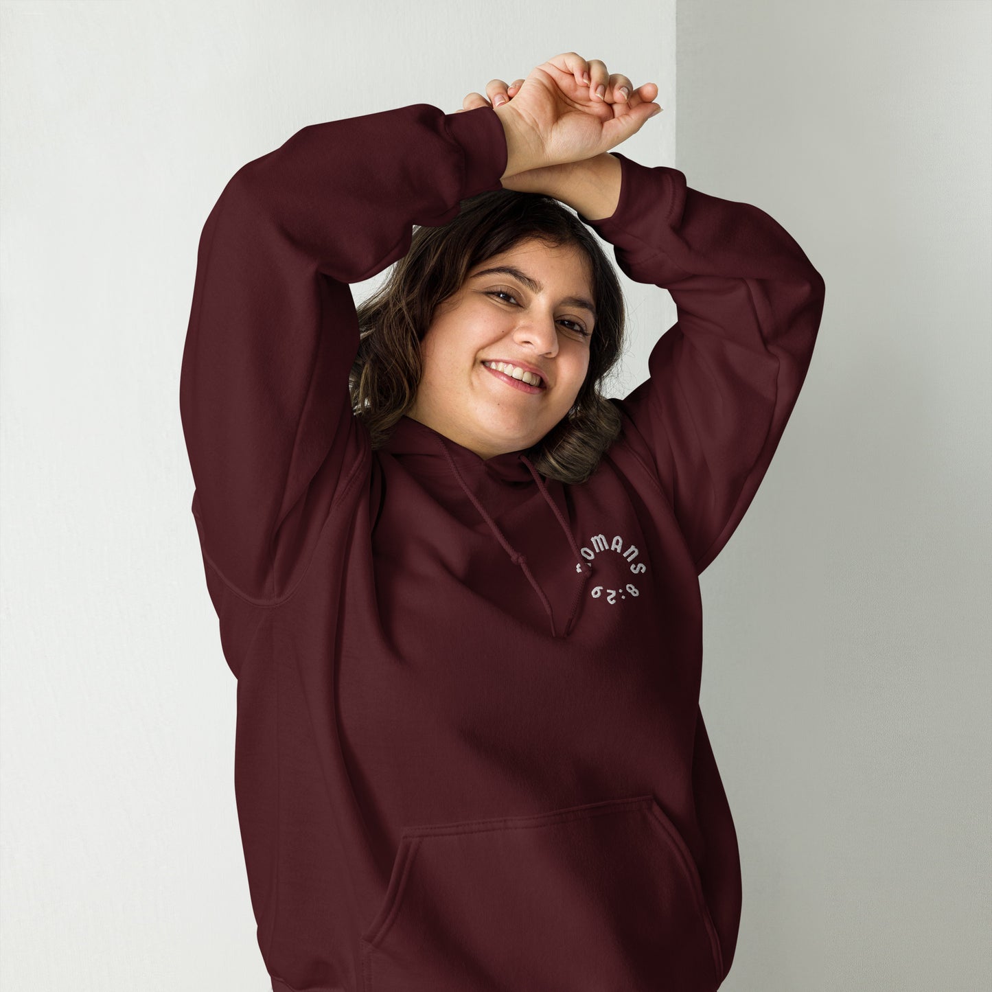 Romans 8:29 White Embroidered Unisex Hoodie