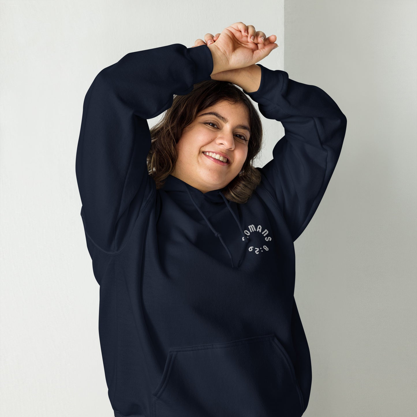 Romans 8:29 White Embroidered Unisex Hoodie