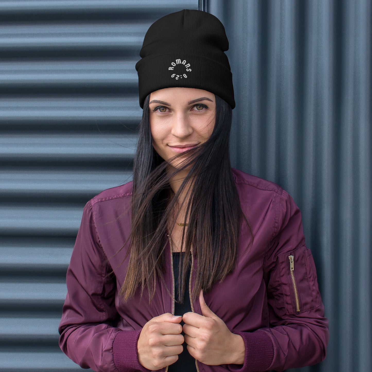 Romans 8:29 White Embroidered Beanie Hat