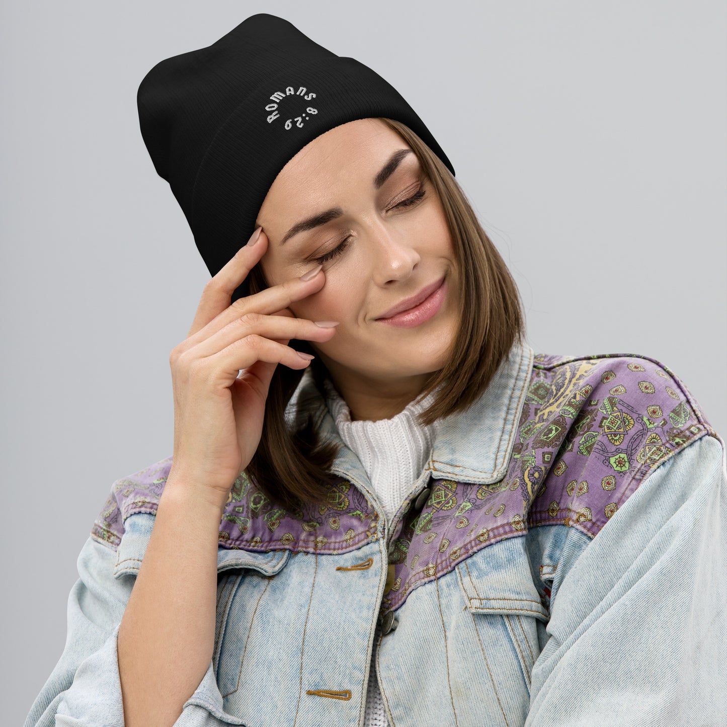 Romans 8:29 White Embroidered Beanie Hat