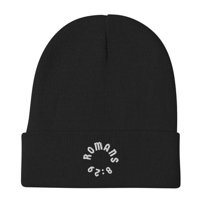 Romans 8:29 White Embroidered Beanie Hat