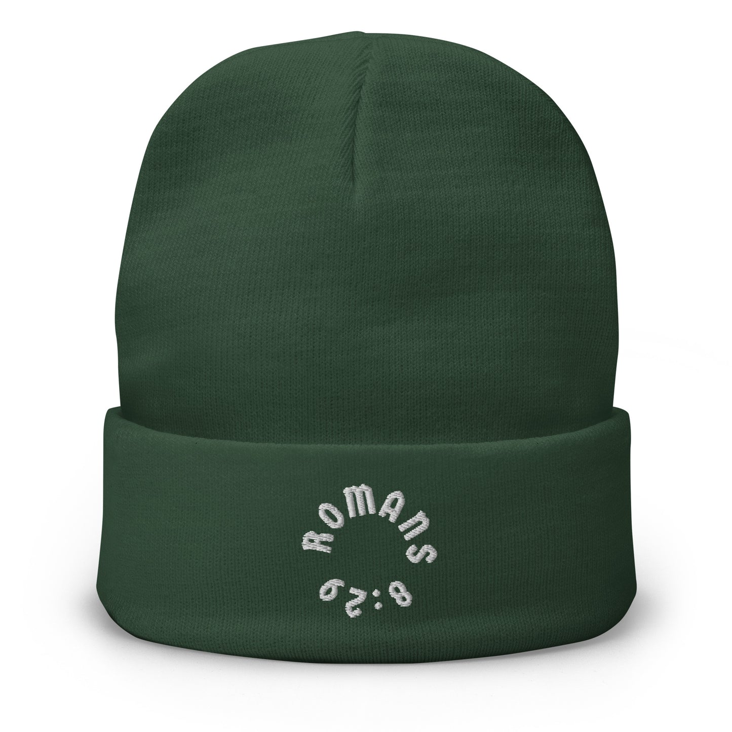 Romans 8:29 White Embroidered Beanie Hat