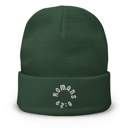 Romans 8:29 White Embroidered Beanie Hat