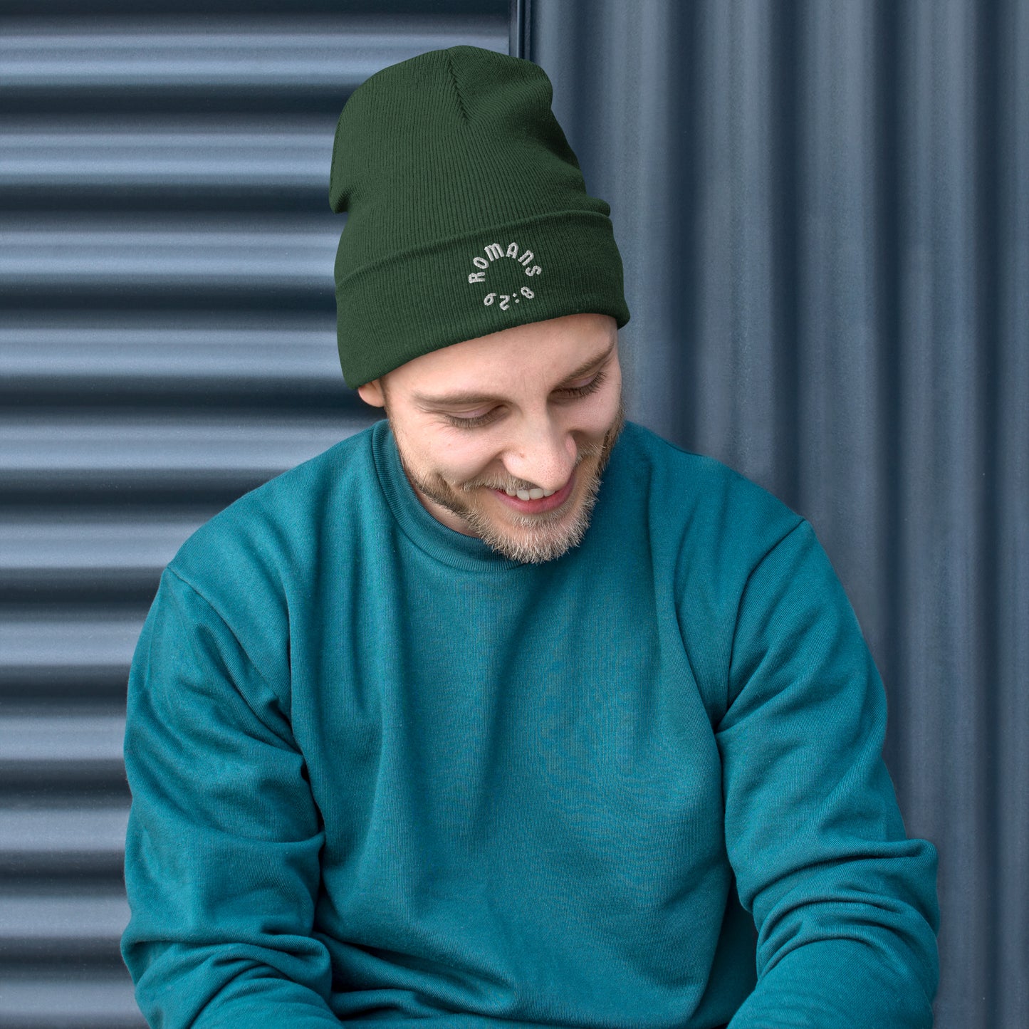 Romans 8:29 White Embroidered Beanie Hat