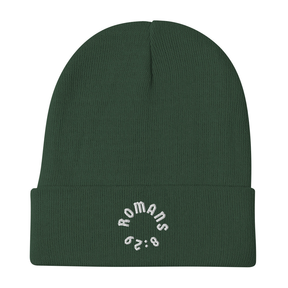 Romans 8:29 White Embroidered Beanie Hat