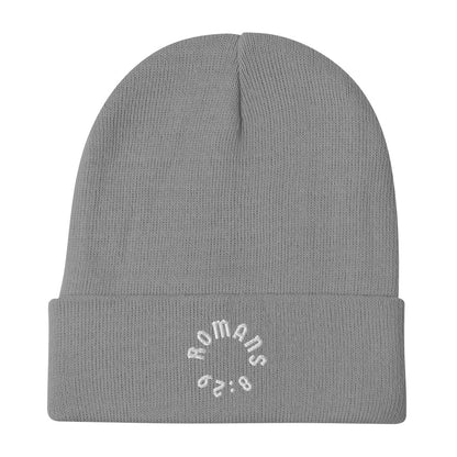 Romans 8:29 White Embroidered Beanie Hat