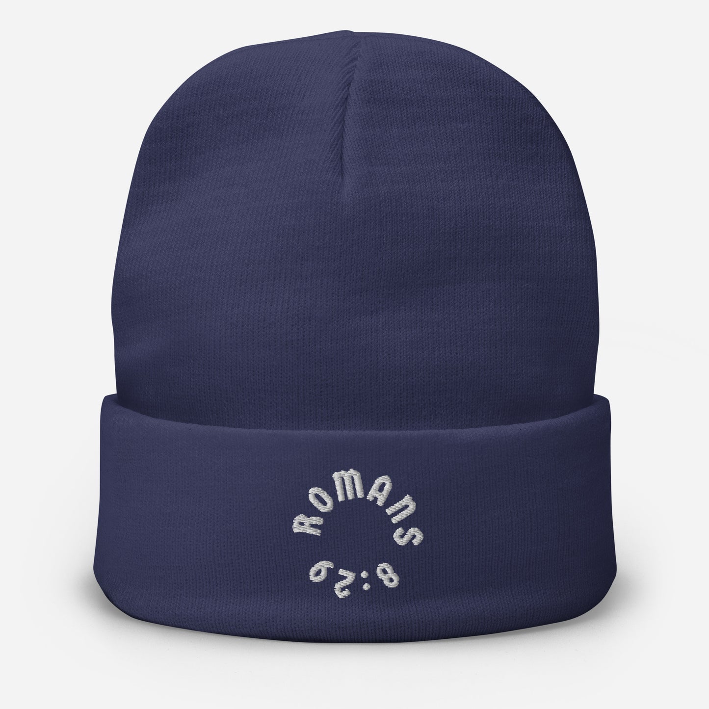Romans 8:29 White Embroidered Beanie Hat