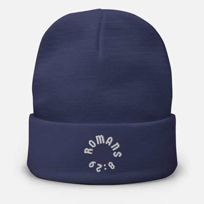 Romans 8:29 White Embroidered Beanie Hat