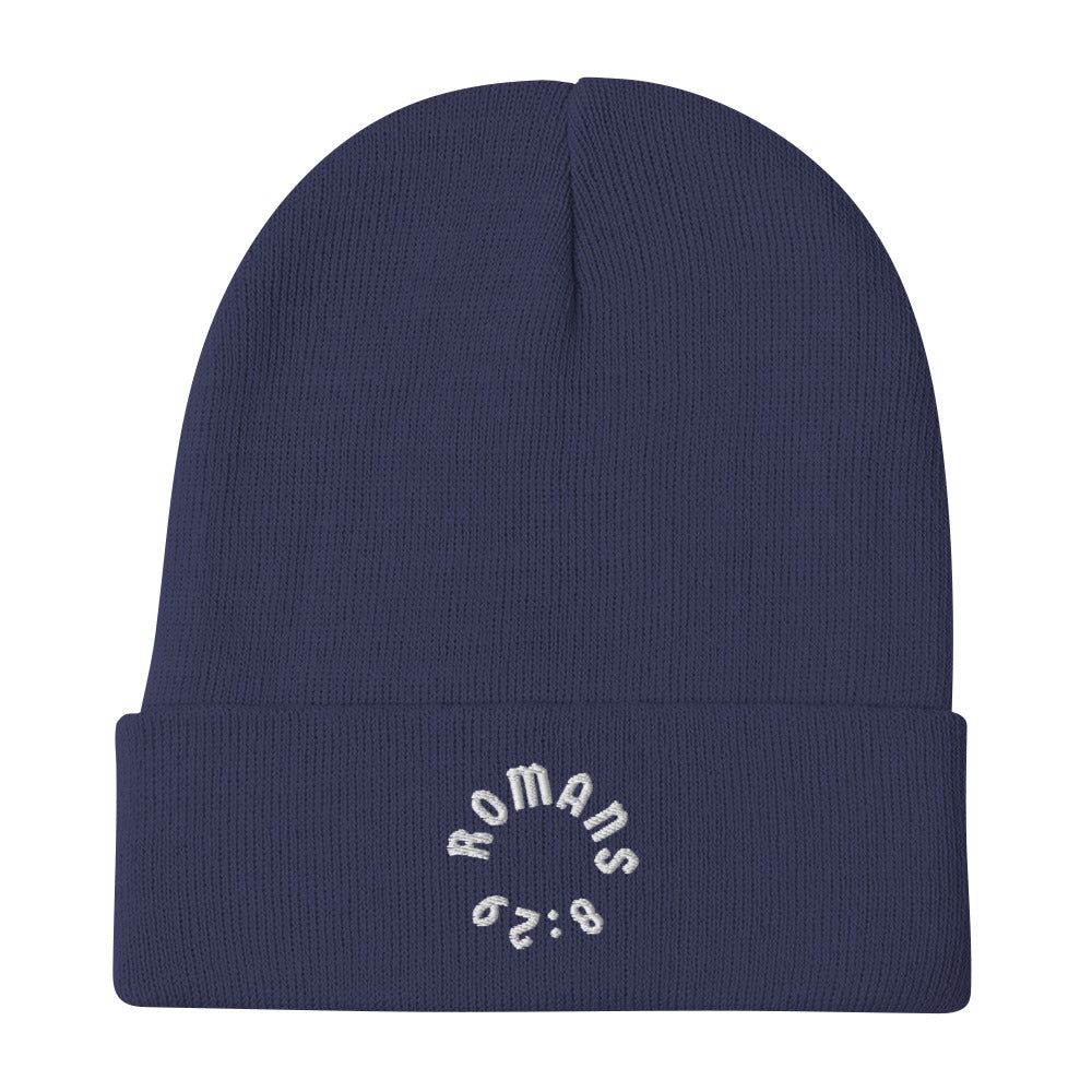 Romans 8:29 White Embroidered Beanie Hat