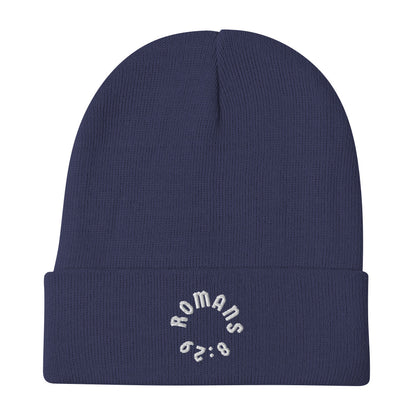 Romans 8:29 White Embroidered Beanie Hat
