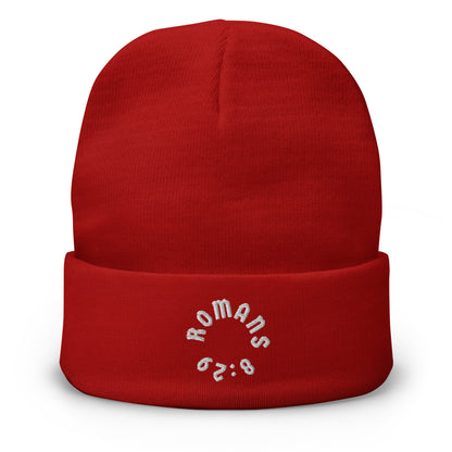 Romans 8:29 White Embroidered Beanie Hat