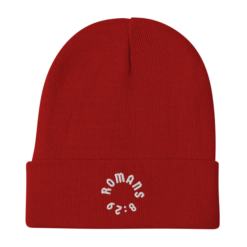 Romans 8:29 White Embroidered Beanie Hat