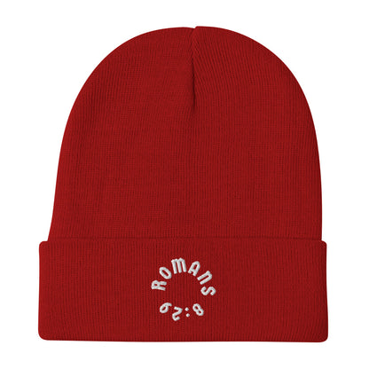 Romans 8:29 White Embroidered Beanie Hat