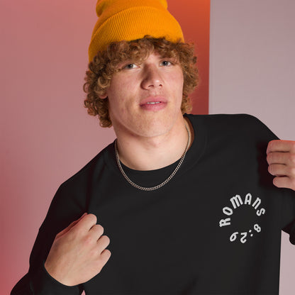 Romans 8:29 White Embroidered Unisex Sweatshirt