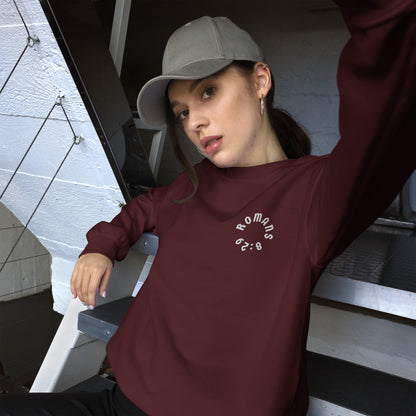 Romans 8:29 White Embroidered Unisex Sweatshirt
