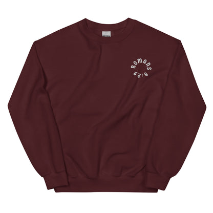 Romans 8:29 White Embroidered Unisex Sweatshirt