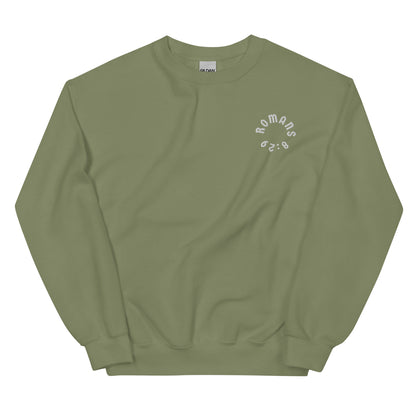 Romans 8:29 White Embroidered Unisex Sweatshirt