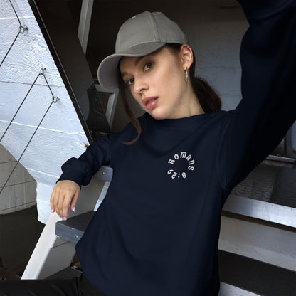 Romans 8:29 White Embroidered Unisex Sweatshirt