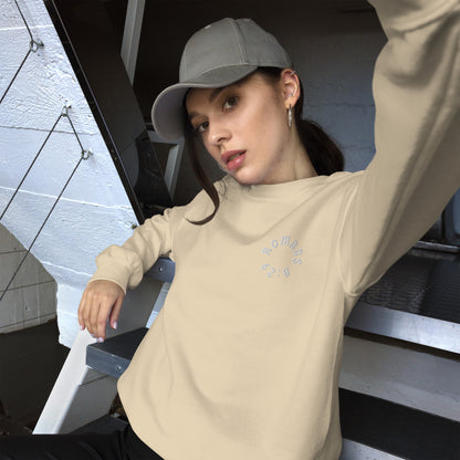 Romans 8:29 White Embroidered Unisex Sweatshirt